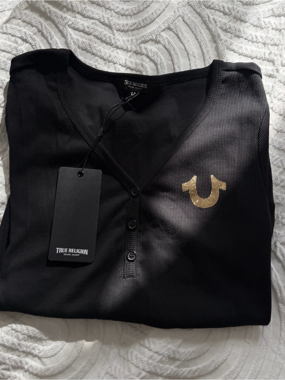True Religion Black Ribbed Henley with Gold Horseshoe